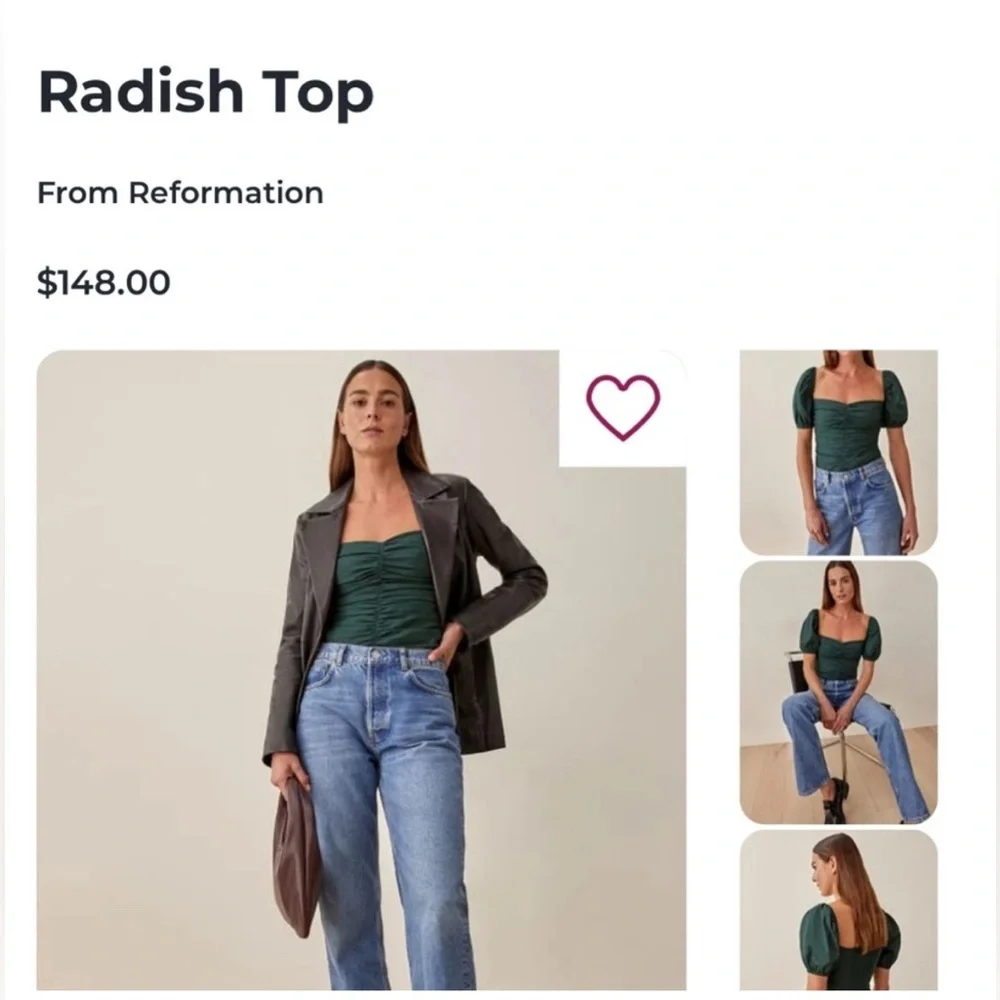 Reformation Radish Top in Forest Green Ruched Puff Sleeve Smocked Cotton Size 6 - Picture 2 of 6